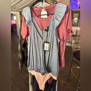 PAIGE Ruffled Blue and Pink Bodysuit